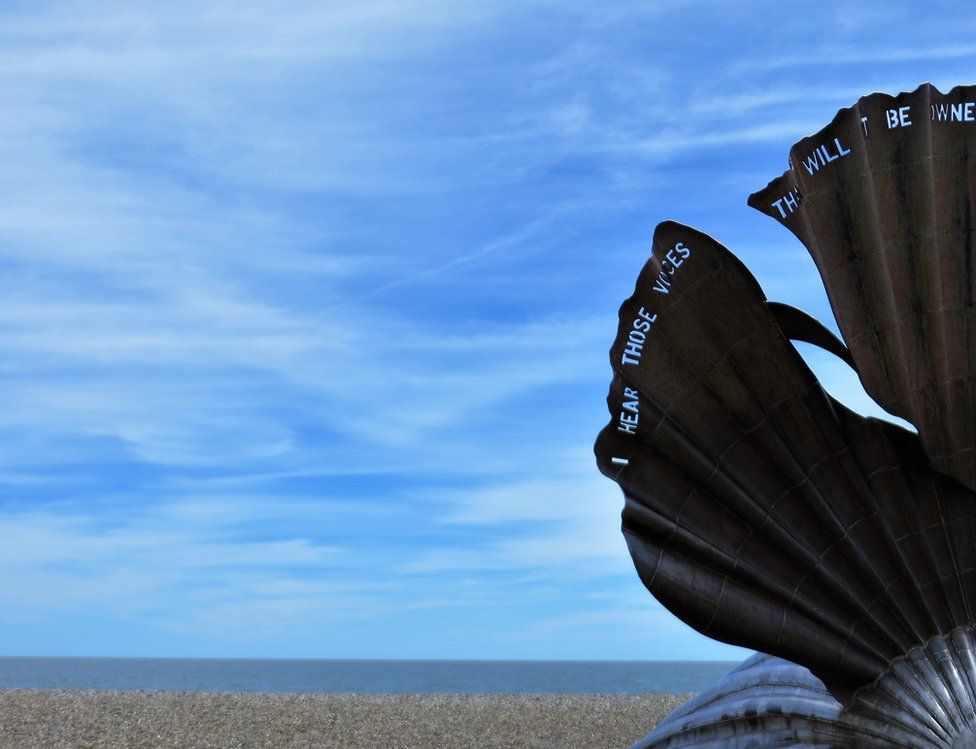 A shell sculpture on a beach