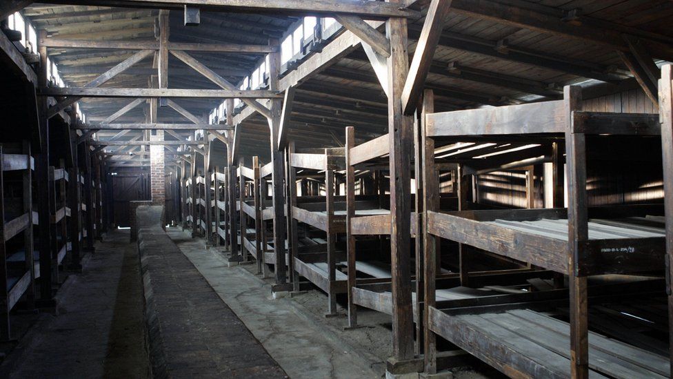 Barracks of the Auschwitz-Birkenau death camp on 12 January 2005