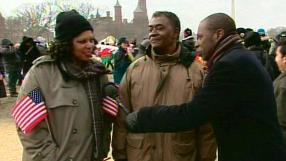 Clive Myrie interviews a couple at President Barack Obama's inauguration on 20 January 2009