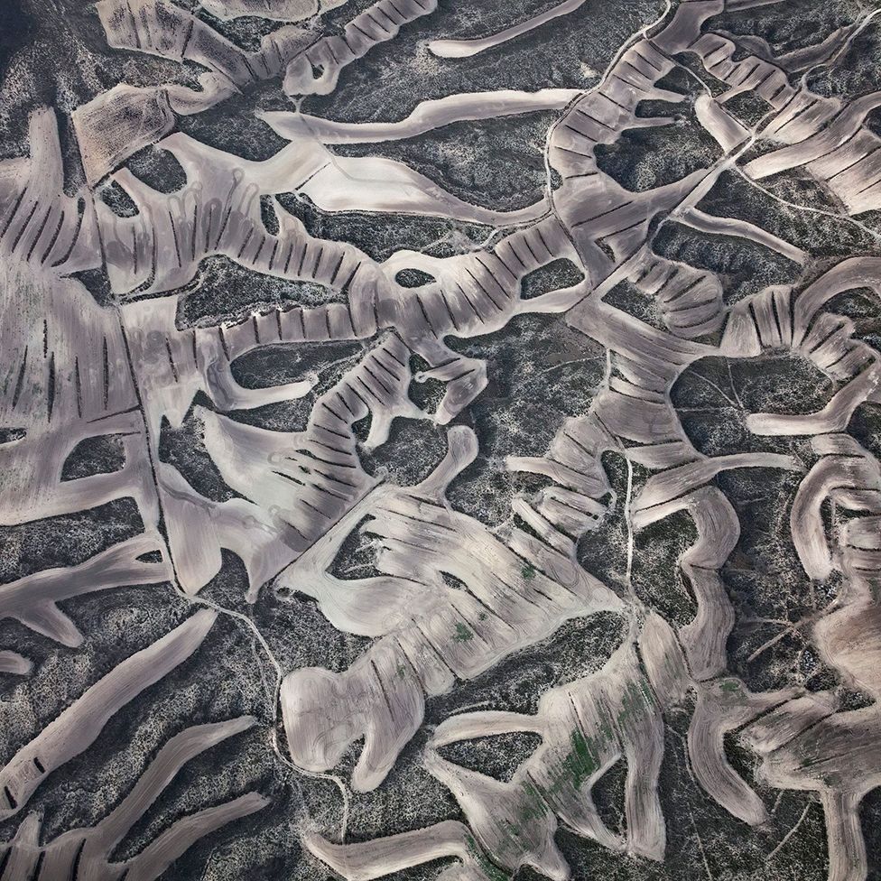 An aerial view of interlaced tractor lines carved into a Spanish farm.