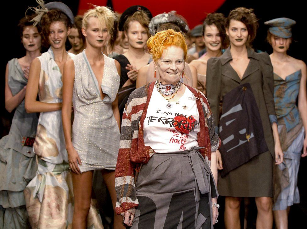 Fashion designer Vivienne Westwood walks the runway during the Vivienne Westwood Ready to Wear Spring/Summer 2006 fashion show as part of the Paris Fashion Week on October 04, 2005