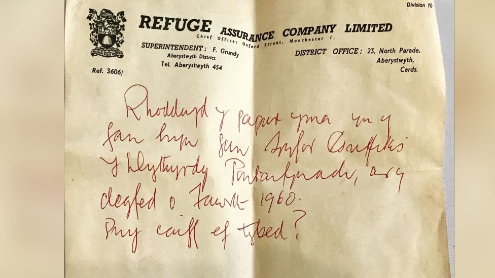 The letter from 1960 written in Welsh