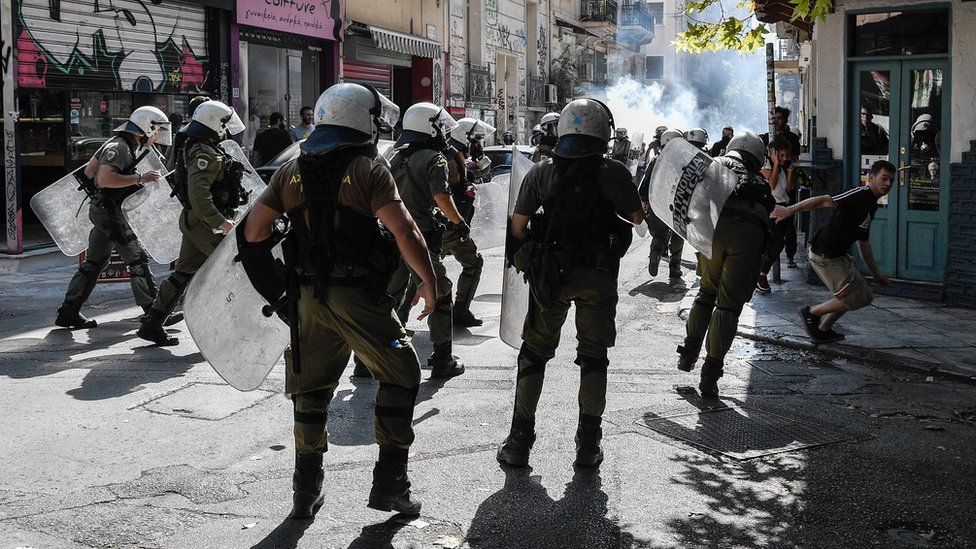 Protesters clash with the police in Exarchia.