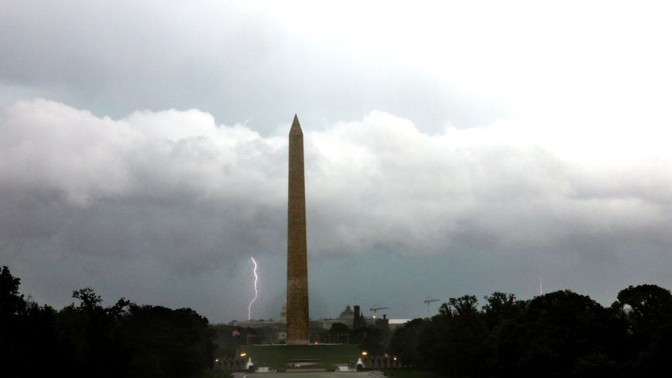 Washington monument in storm