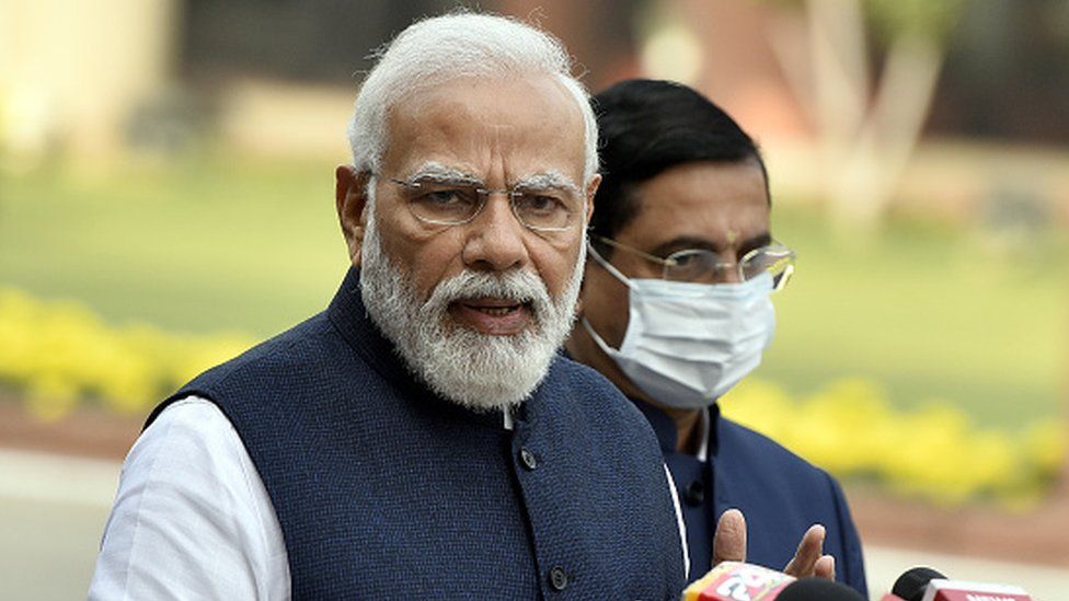 Prime Minister Narendra Modi briefs the media upon arrival for the first day of winter session at Parliament House on November 29, 2021