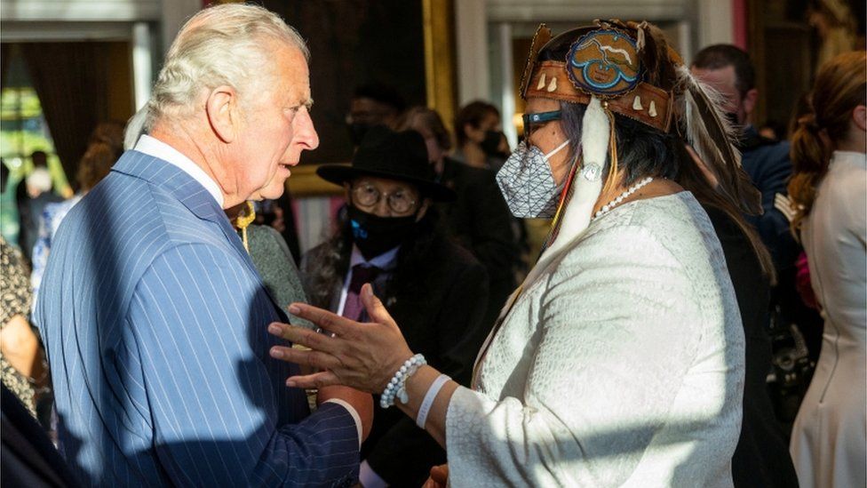 Prince Charles meets Assembly of First Nations (AFN) national chief RoseAnne Archibald at a reception hosted by Governor General of Canada Mary Simon and Canada"s Prime Minster Justin Trudeau, in Ottawa, Canada.