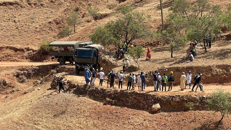 Rescue teams deploy from the town of Amzmiz, at the foot of the High Atlas Mountains
