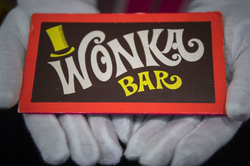 A Wonka bar from Willy Wonka and the Chocolate Factory (1997) at the Prop Store film memorabilia exhibition.