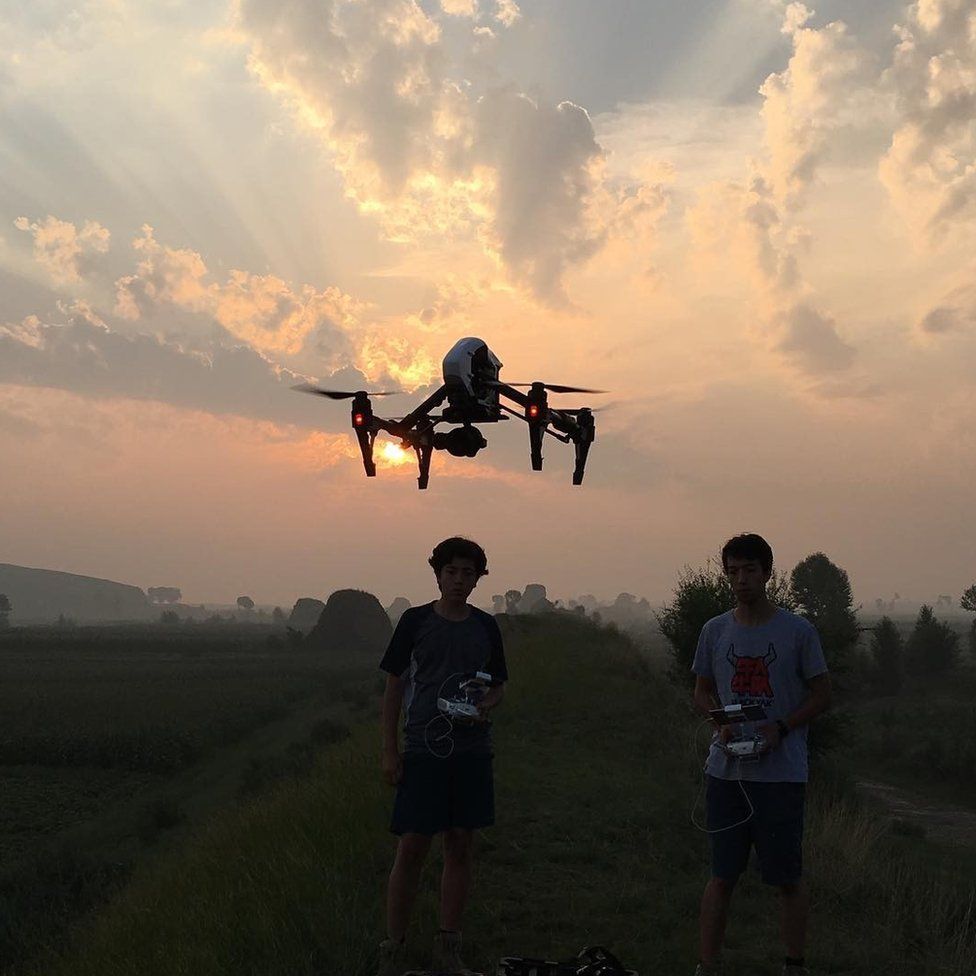 Jim and Tommy flying a drone in Inner Mongolia