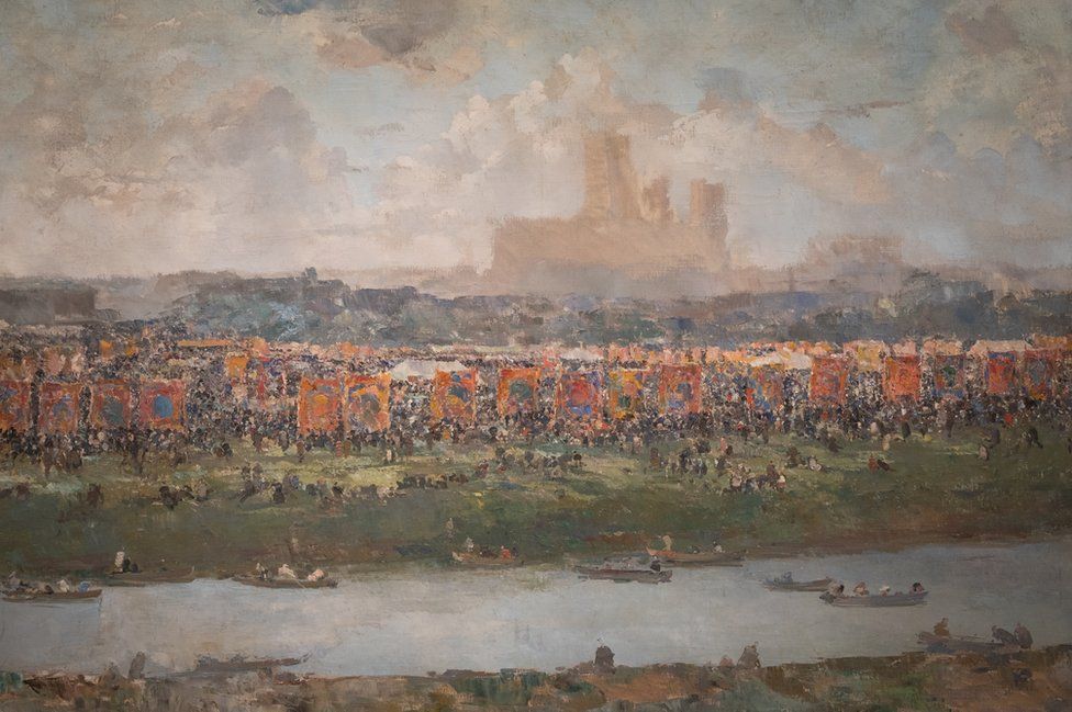An impressionistic painting showing people and banners next to a riverside with Durham Cathedral behind