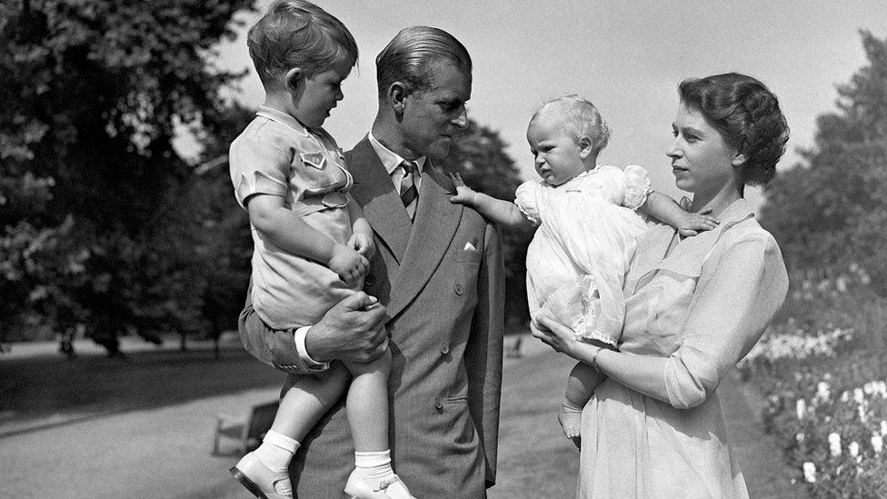 The then toddler Prince Charles and Princess Anne with their parents