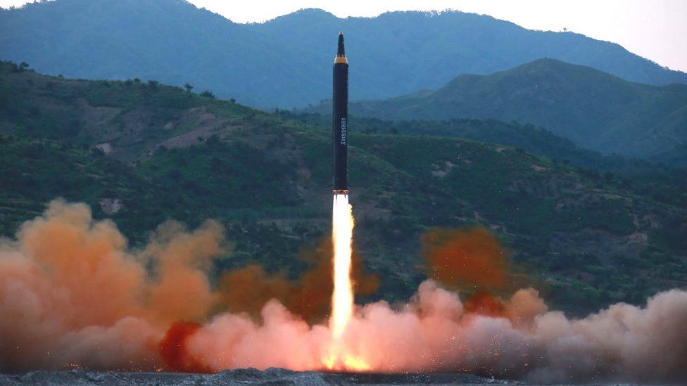 This picture taken on May 14, 2017 and released from North Korea's official Korean Central News Agency (KCNA) on May 15 shows a test launch of the ground-to-ground medium long-range strategic ballistic rocket Hwasong-12