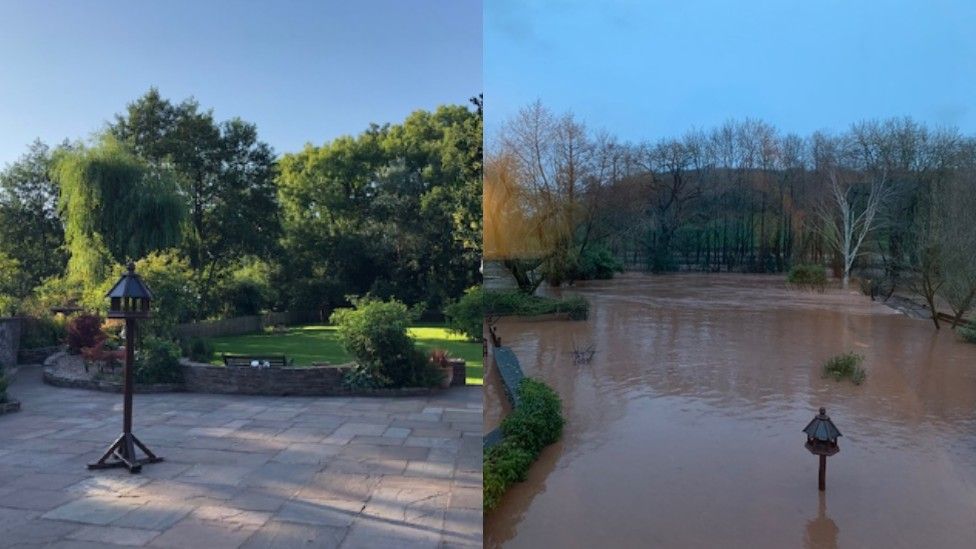 Sarah Bridge's garden before and after flooding.