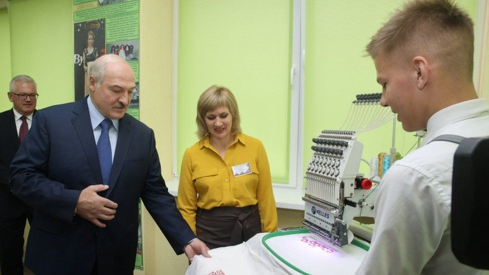 Belarusian President Alexander Lukashenko visits Baranovichi College of Service Industry, in Baranovichi, Belarus September 1, 2020.