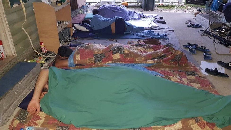 Men sleeping in the closed Manus Island detention centre on Monday