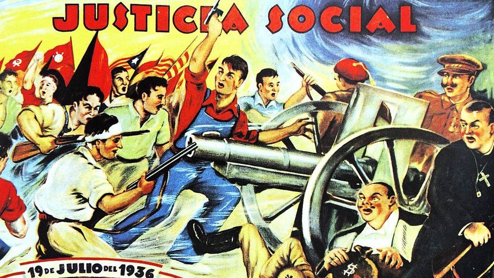 Republican propaganda poster from the outbreak of the Spanish Civil War in July 1936. Shows the forces of the left assaulting the huddled powers of the right (Church, army, Carlists; capitalists).