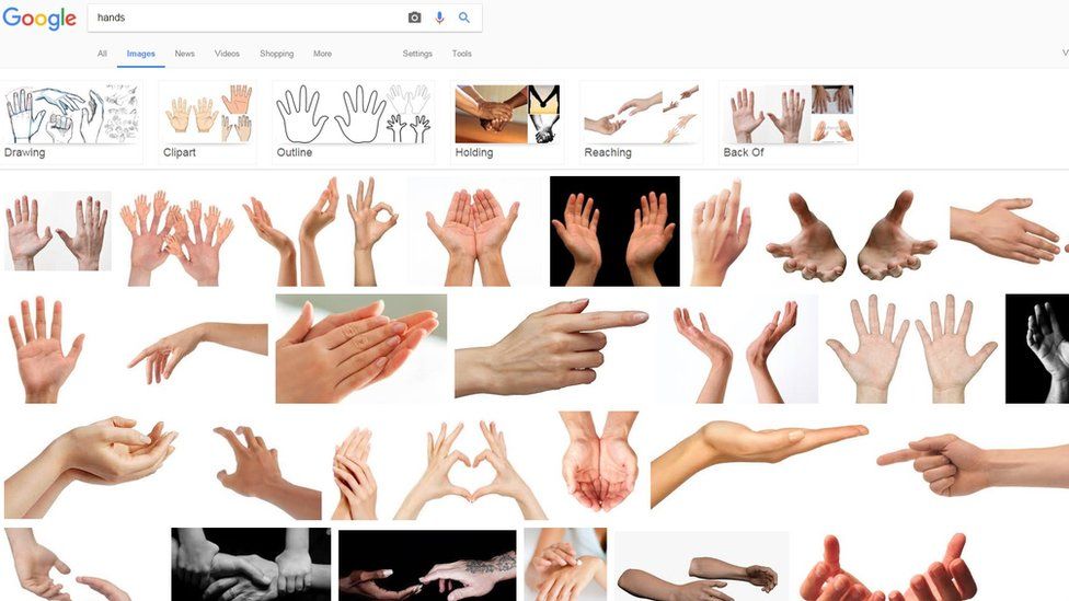Google image results for the word "hand" - all white.