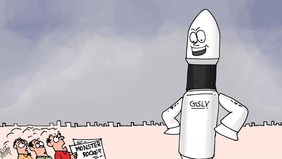 Cartoon showing people with newspapers and the GSLV Mark III