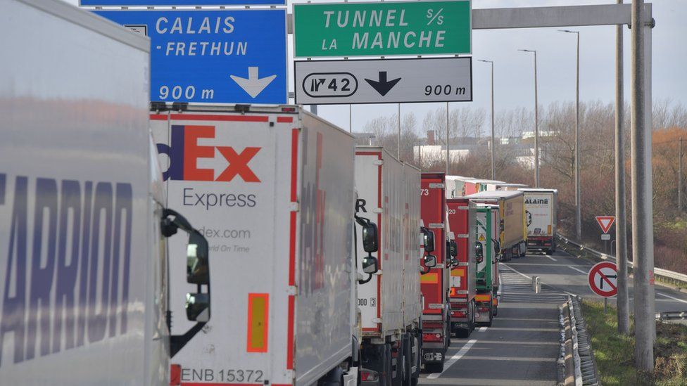 Lorries backed up on the A16 motorway between Dunkirk and Calais on 4 March