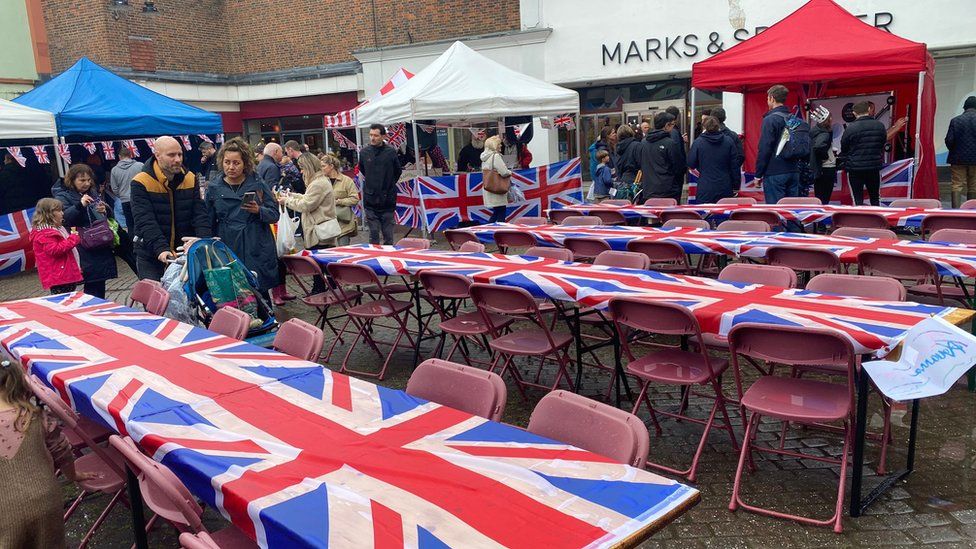 Tables lined with union jack cloths