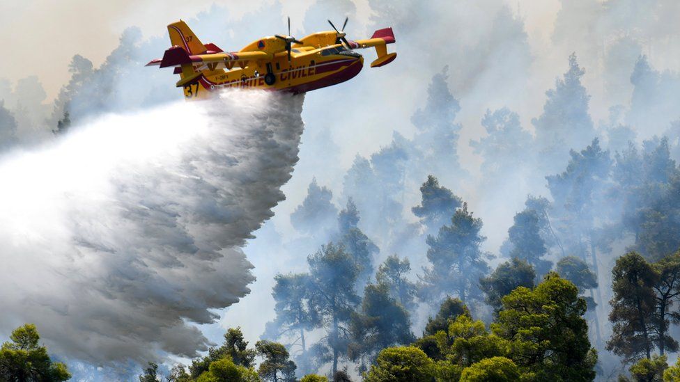 A firefighting plane makes a water drop as a wildfire burns on the island on Sunday