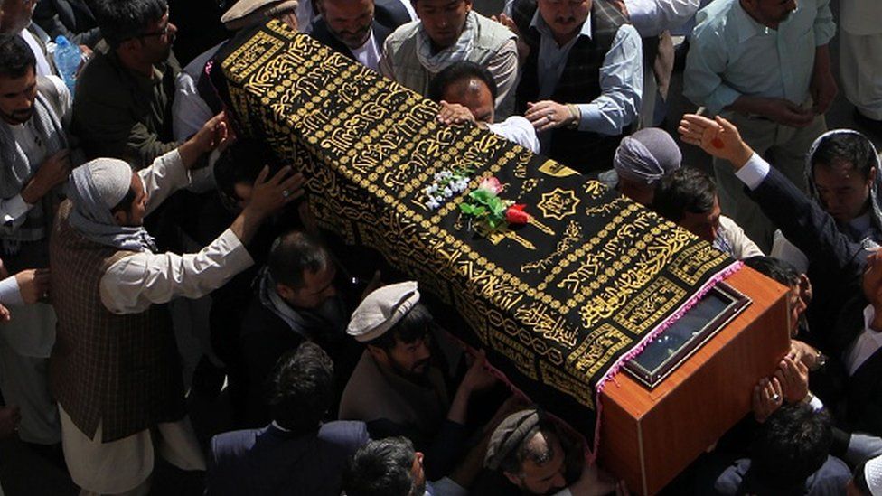Afghans carry a coffin during a funeral ceremony in Kabul