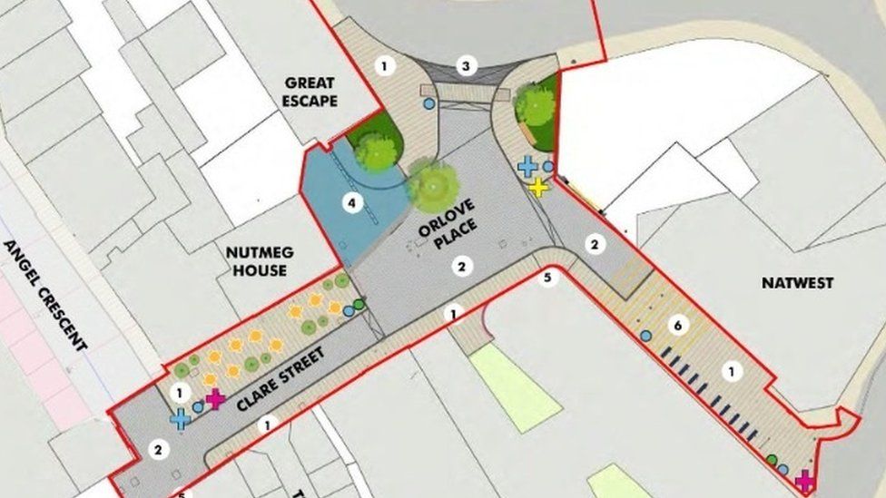 A map of part of Bridgwater, including Nutmeg house restaurant and Natwest Bank