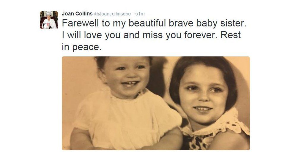 Joan Collins tweet: Farewell to my beautiful brave baby sister. I will love you and miss you forever. Rest in peace.
