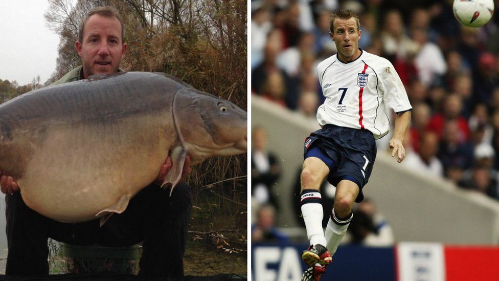 Lee Bowyer with a fish and Lee Bowyer playing for England