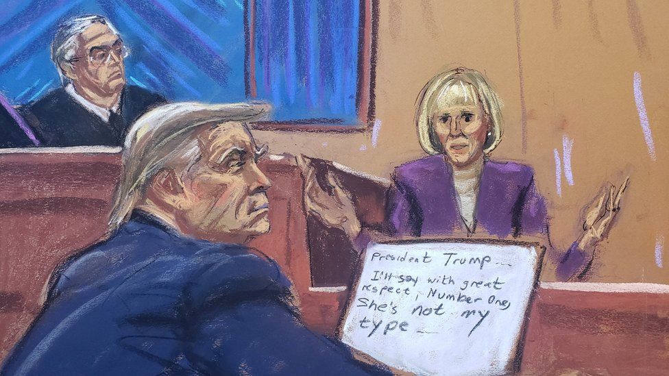 E Jean Carroll takes the stand as Donald Trump and Judge Lewis Kaplan look on