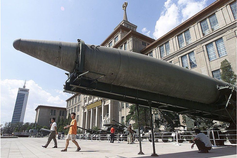 A missile sits on display in the courtyard of the Military Museum in Beijing, 5 September 2001.