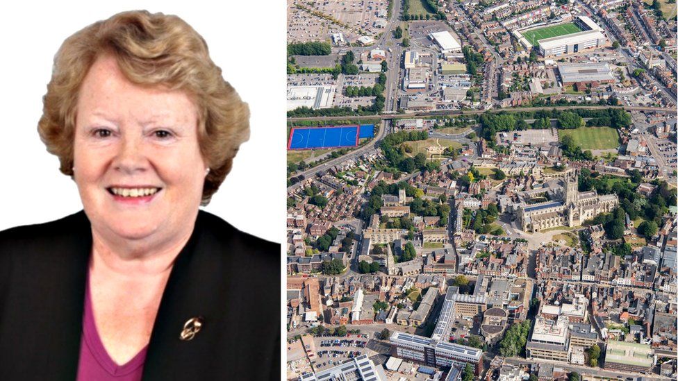 Kathy Williams alongside an aerial shot of the centre of Gloucester