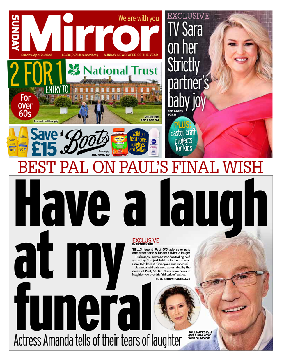 Front page of the Sunday Mirror for 2 April