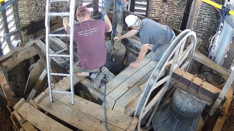 Workmen restoring bells at Laxfield church