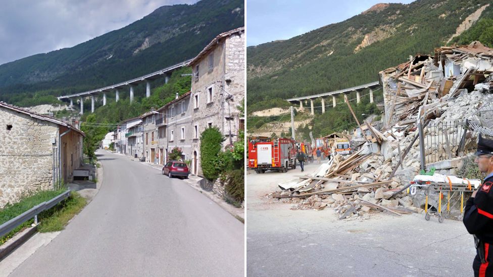 An image of some of the damage on the Via Salaria road in Pescara del Tronto compared to an image of the street before the quake - 24 August 2016