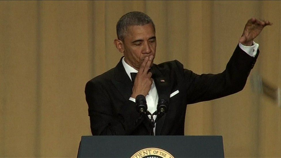 US President Barack Obama dropping microphone during White House Correspondents' dinner - 30 April 2016