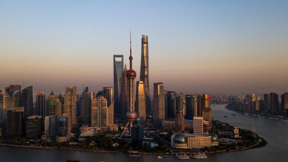 Shanghai skyline at dusk.