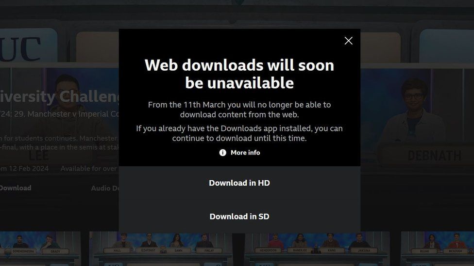 A pop-up message which appears when attempting to download an iPlayer programme on a computer