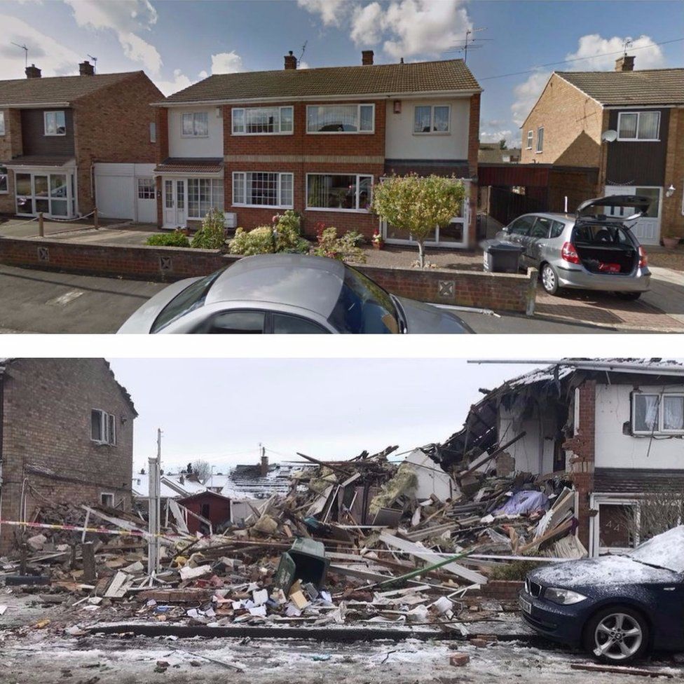 The two collapsed houses before and after