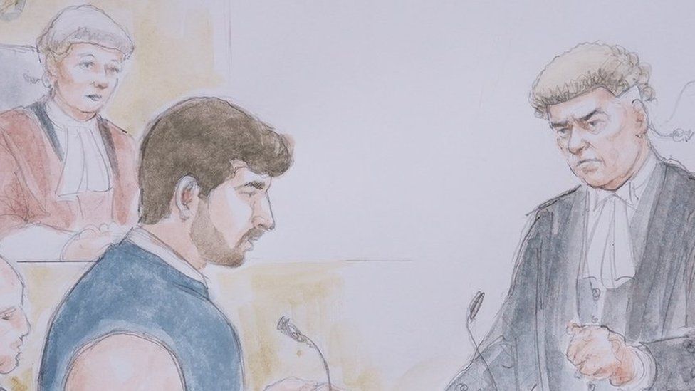 Court sketch of Thomas Cashman (left) in the witness box