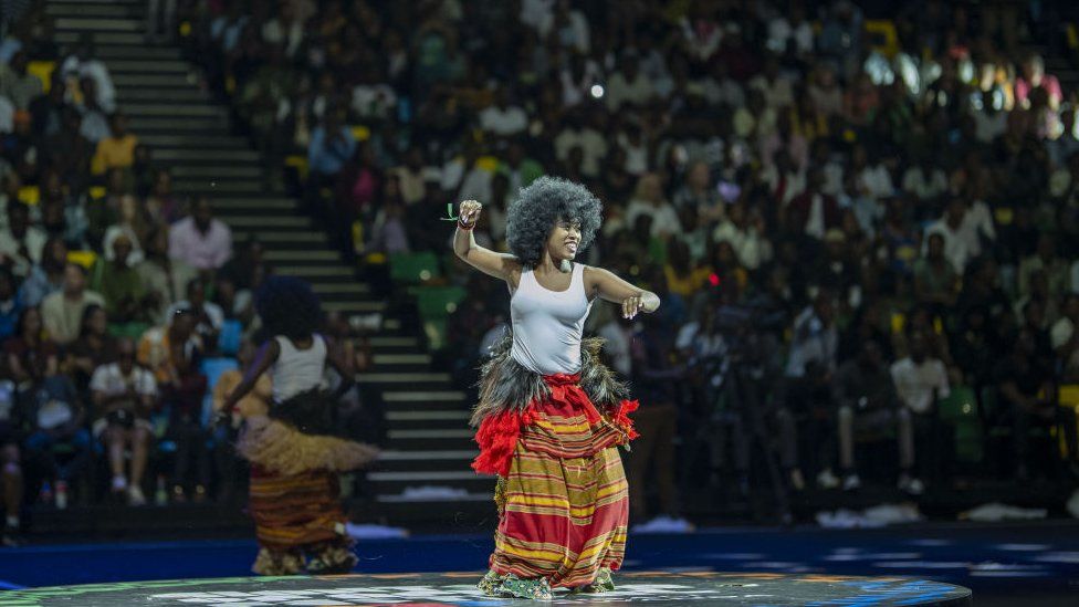 A woman dancing at the opening ceremony of the Giants of Africa Festival in Kigali, Rwanda - Sunday 13 August 2023