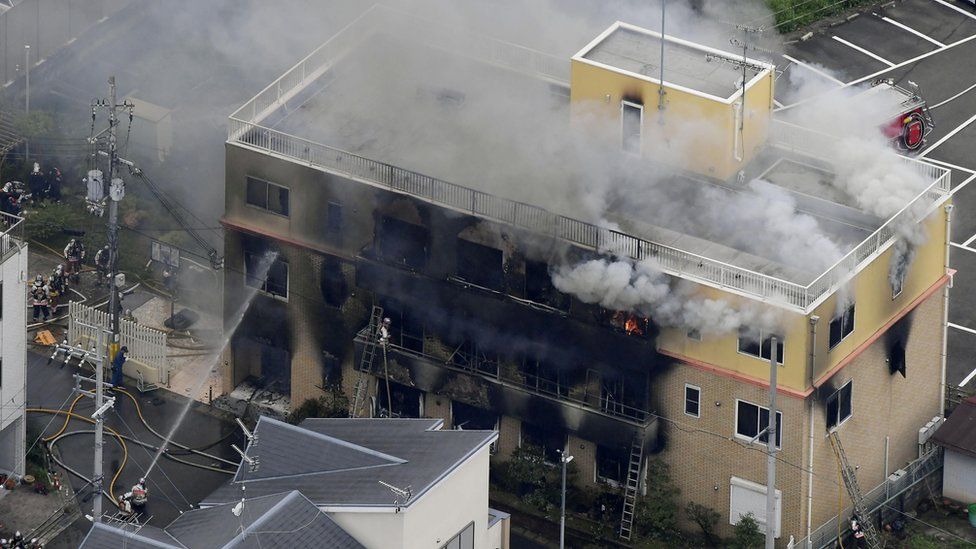 An aerial view shows firefighters battling the fires at Kyoto Animation Co