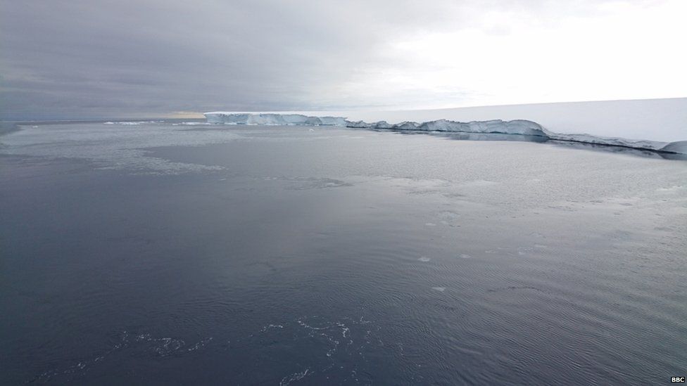 A broad view of the Brunt Ice Shelf; a large mass of white land. The skies are grey and the sea lies still in the foreground.