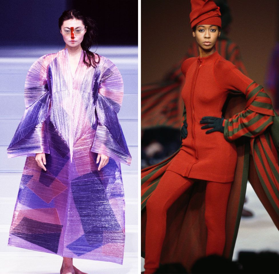 Models at Issey Miyake fashion shows in Paris, France, in 1994 and 1986