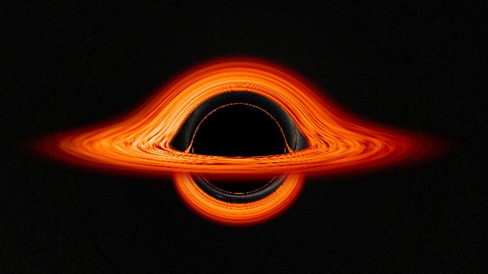A computer generated image of rings of light around a black hole