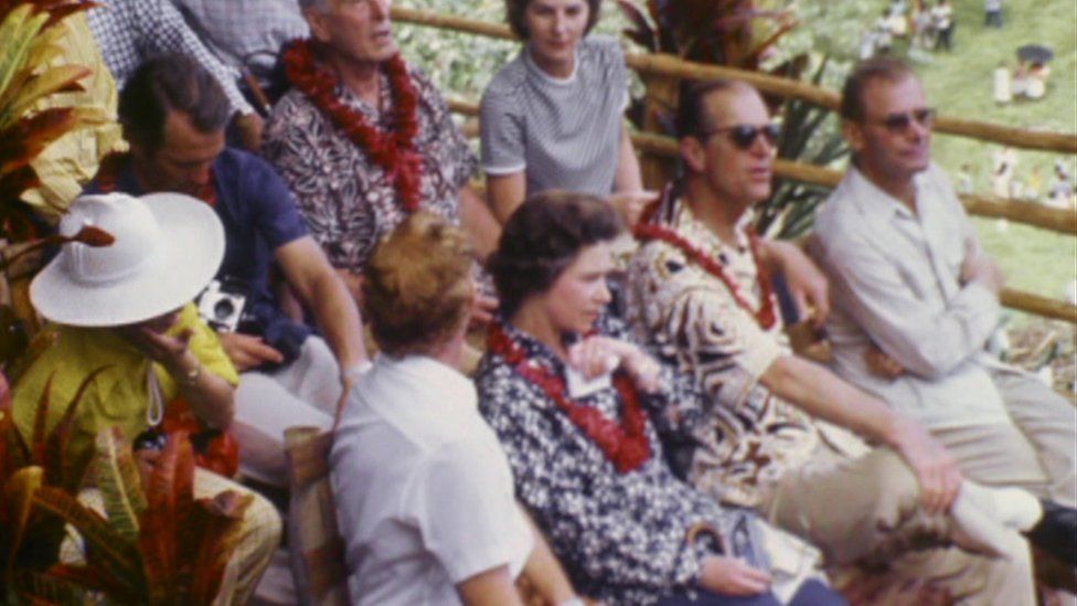 Still image of Prince Philip and the Queen at a 1970s visit to the New Hebrides