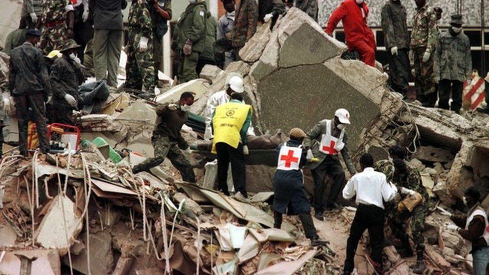 Rescue effort in the aftermath of the US embassy bombing in Nairobi, Kenya. Photo: August 1998