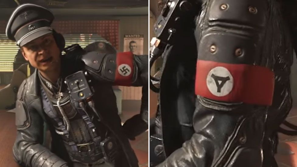 A pair of screenshots from Wolfenstein II: The new Colossus. On the left, a German solider is shown wearing his swastika armband. On the right, in the German release, the swastika has been replaced with a triangular icon