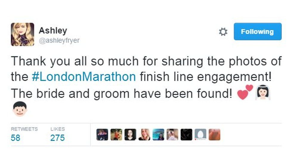 Thankyou all so much for sharing the photos of the #LondonMarathon finish line engagement! The bride and groom have been found!
