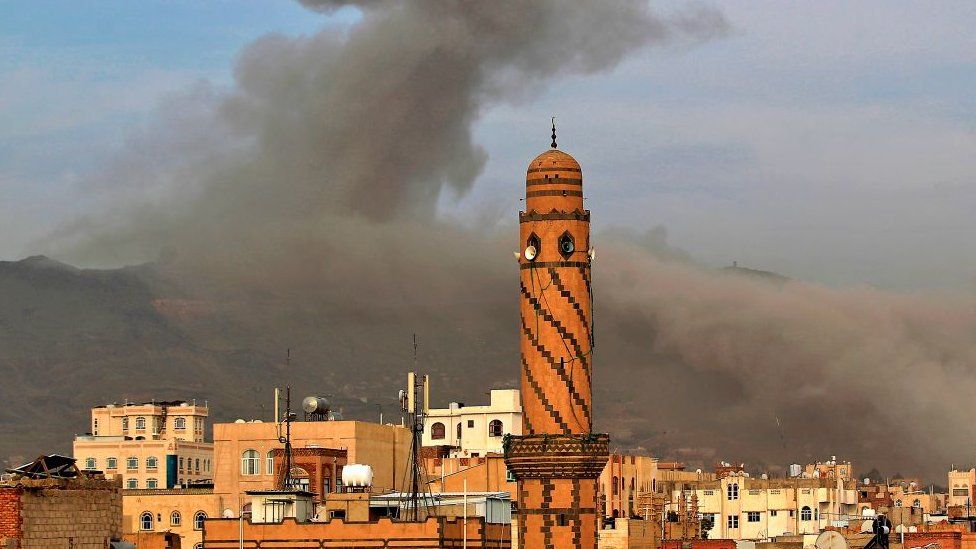 Smoke billows following an airstrike by Saudi-led coalition in the Yemeni capital Sanaa earlier this month